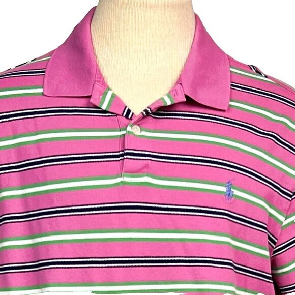 POLO GOLF RALPH LAUREN Pro Fit Polo Pima Cotton Pink Green Stripe Logo Sz XL - Picture 1 of 9